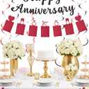 Happy Anniversary Party Decoration Set – Black Glitter Banner, Photo Banner, Black & Red Confetti Garland, 6 Hanging Swirl