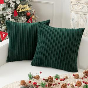 Kevin Textile Christmas Decorative Throw Pillow Covers Pack of 2 Corduroy Soft Solid Pillow Cases Square Pillowcases for Cushion Couch Sofa Bedroom Living Room 20 x 20 Inch, Dark Green