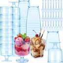 100 Pcs Dessert Cups with Spoons Mini Clear Plastic Dessert Parfait Cup Round Goblet Square Glasses Plastic Spoons for Fruit Ice Cream Cake Wedding Bridal Shower Party Supplies (Blue)