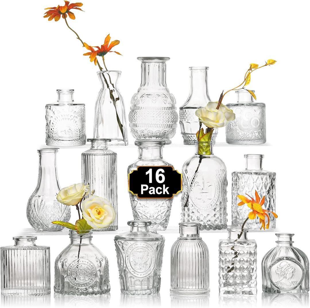 Arme 16Pcs Glass Bud Vase SetSmall Flower Vase for CenterpiecesClear Bud Vases in Bulk Mini Vintage Vase for Rustic Wedding Decorations