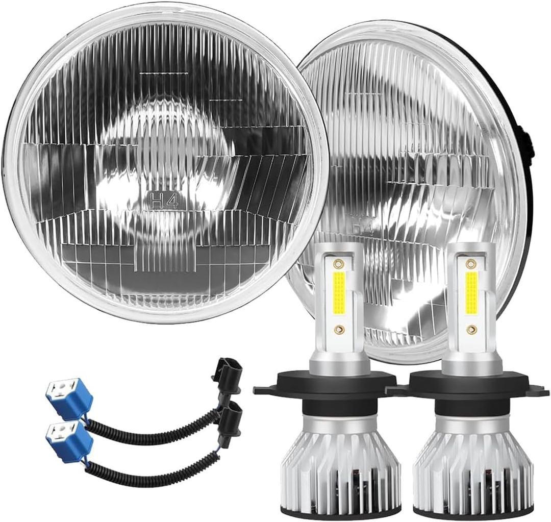 H4/9003 LED Headlight Bulbs + 7 Inch H6024 Glass Round LED Headlight Housing,Halogen Sealed High Low Dual Beam,Original Classic Look Conversion Pair Kit Pair