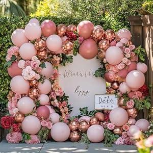 Dusty Pink Rose Gold Balloons Garland Arch Kit - Double Stuffed Balloons With Balloon Dot Curling Ribbon Balloon Strip For Birthday Women Girls Party Bridal Sower Baby Shower