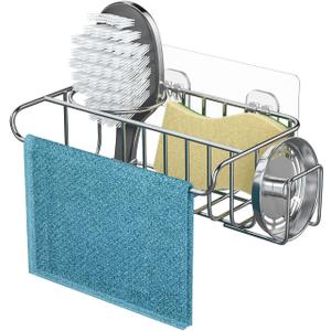 HapiRm 4 in 1 Sink Caddy Sponge Holder, SUS304 Stainless Steel Kitchen Brush Holder + Dish Cloth Hanger + Soap Rack + Sink Stopper Rack + Sponge Caddy for Kitchen - Silver