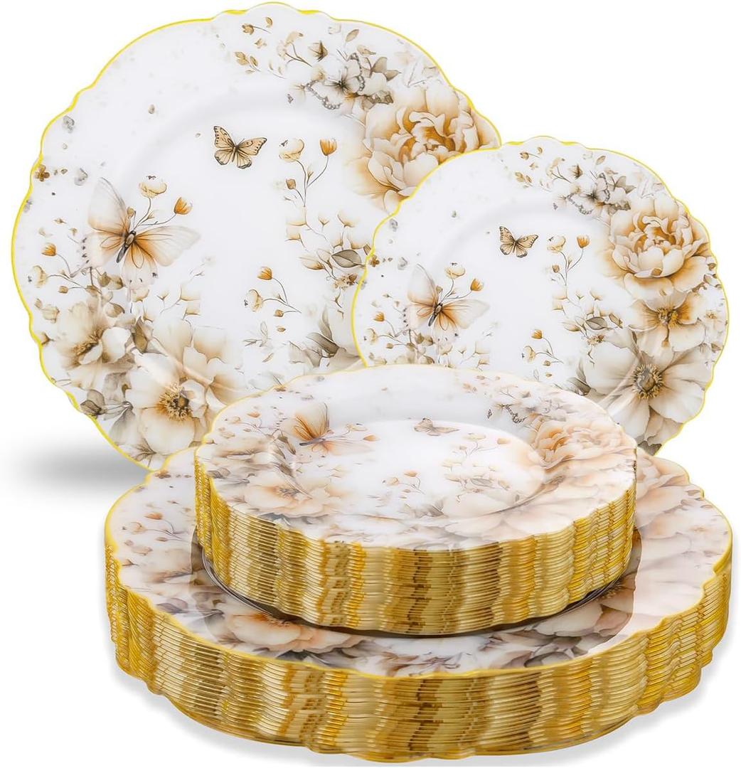 WDF 20Pack Floral Plates Disposable - Fancy Baroque Butterfly Plates - 10" and 7" Floral Plastic Tableware Decor Suitable for Spring Garden Party/Tea Party/Birthday (Yellow)