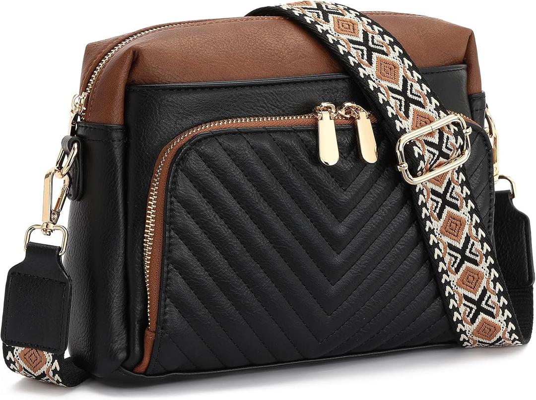 GAEKEAO Quilted Crossbody Bags for Women Vegan Leather Purses with Wide Strap,Women's Mudium Travel Purse Built in Wallet (A04 Black&brown)