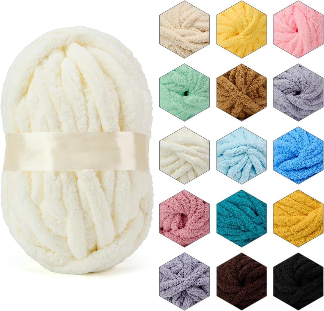 ERLYEEN Chenille Chunky Yarn Super Bulky Soft Thick Fluffy Jumbo Giant Washable Polyester Big Yarn DIY for Arm Knit Blanket Cushion Bed Sofa Home Decor, Milk White, 0.55LB