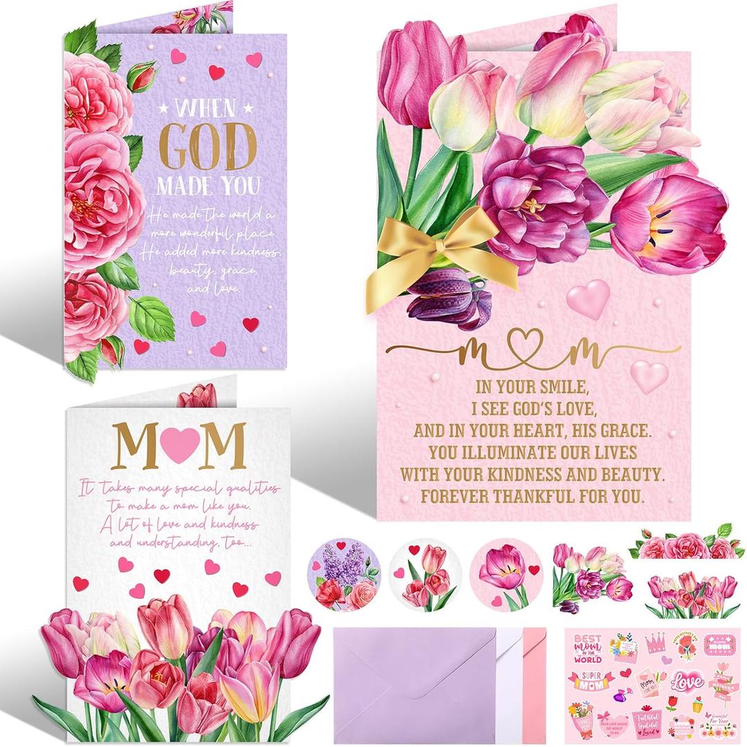 12 Pack Mother's Day Cards Bulk 3D Happy Mothers Day Card Making Kits with Envelopes Stickers Ribbon and Tulip Cutout Handmade Gifts for Mom Wife Daughter Women Friends