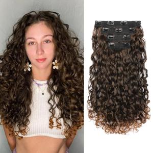 REECHO Curly Hair Extensions - 4PCS 18" GoGo Curly Clip in Hair Extensions 100% Super Protein Hairpieces with Invisible Lace Weft Silky Soft Natural Look for Women - Chocolate Brown with Lighter Ends