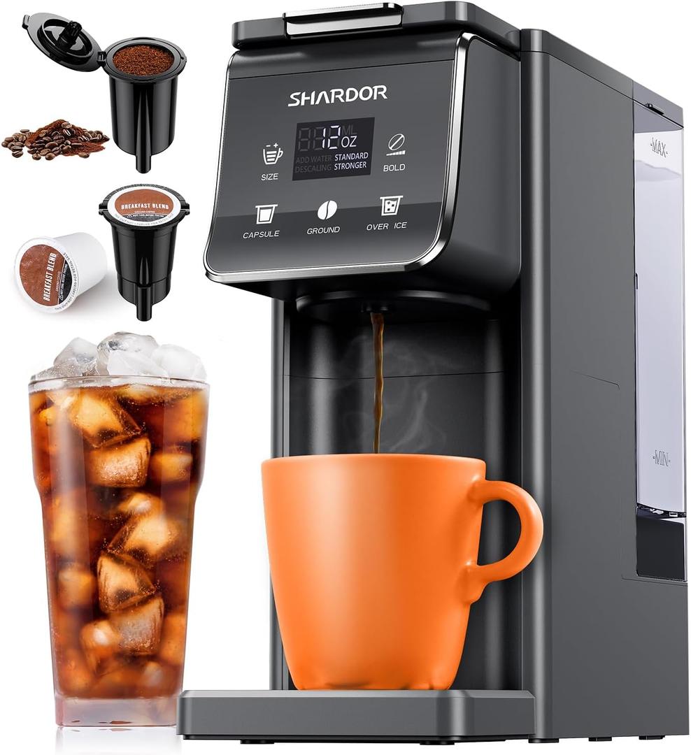 SHARDOR Coffee Maker Hot & Iced With Bold Setting, Single Serve Coffee Maker For K Cup and Grounds, 52oz Removable Water Tank, 6 to14oz Brew Sizes, One Cup Coffee Machine With Reusable Filter, Gray