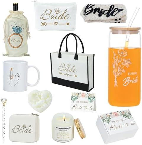 Bachelorette Gift Box for Bride to Be - 12 Piece Bridal Shower Gift Set with Canvas Tote, Travel Jewelry Case & Tumbler - Engagement Gifts from Maid of Honor, Wedding Party