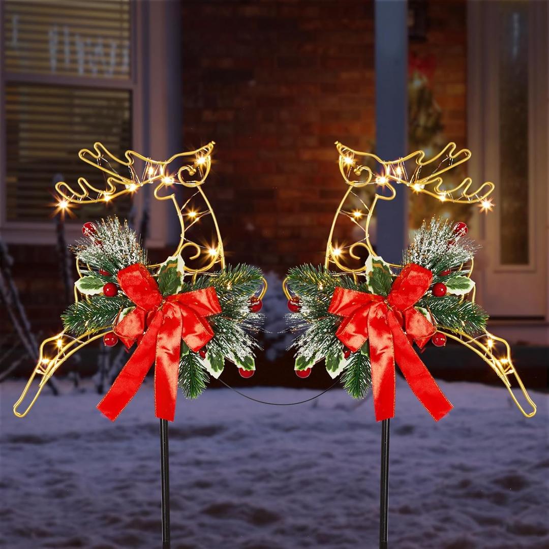 HUYIENO 2 Pack Metal Solar Powered Reindeer Stake Lights Warm White Christmas Yard Decor with Garden Ornament Stakes