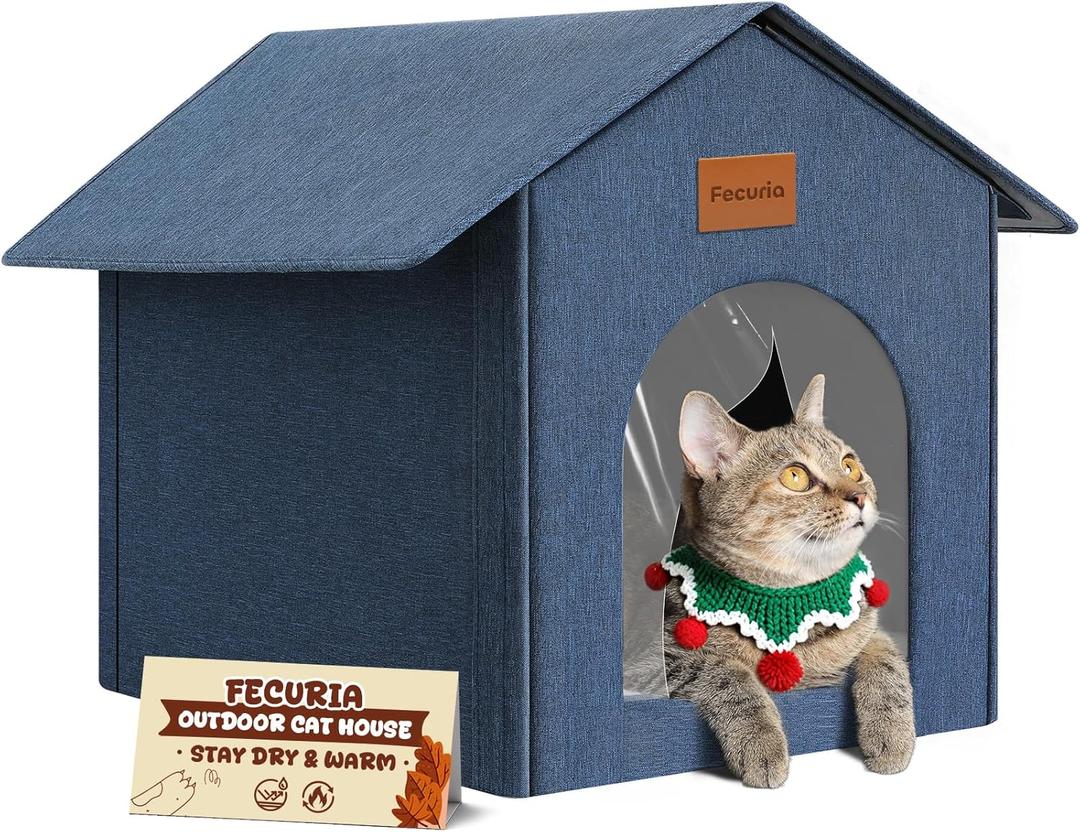 Outdoor Cat House Weatherproof, Insulated Cat Dog Houses for Outdoor/Indoor Cats for Winter, Waterproof Feral Stray Cat Shelter with Door Curtain and Warm Cushion, Easy to Assemble, Navy Blue