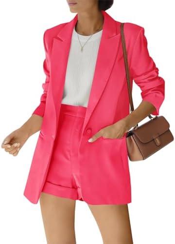 Women's 2 Piece Open Front Long Sleeve Blazer and Solid Short Pants Suit Sets, S