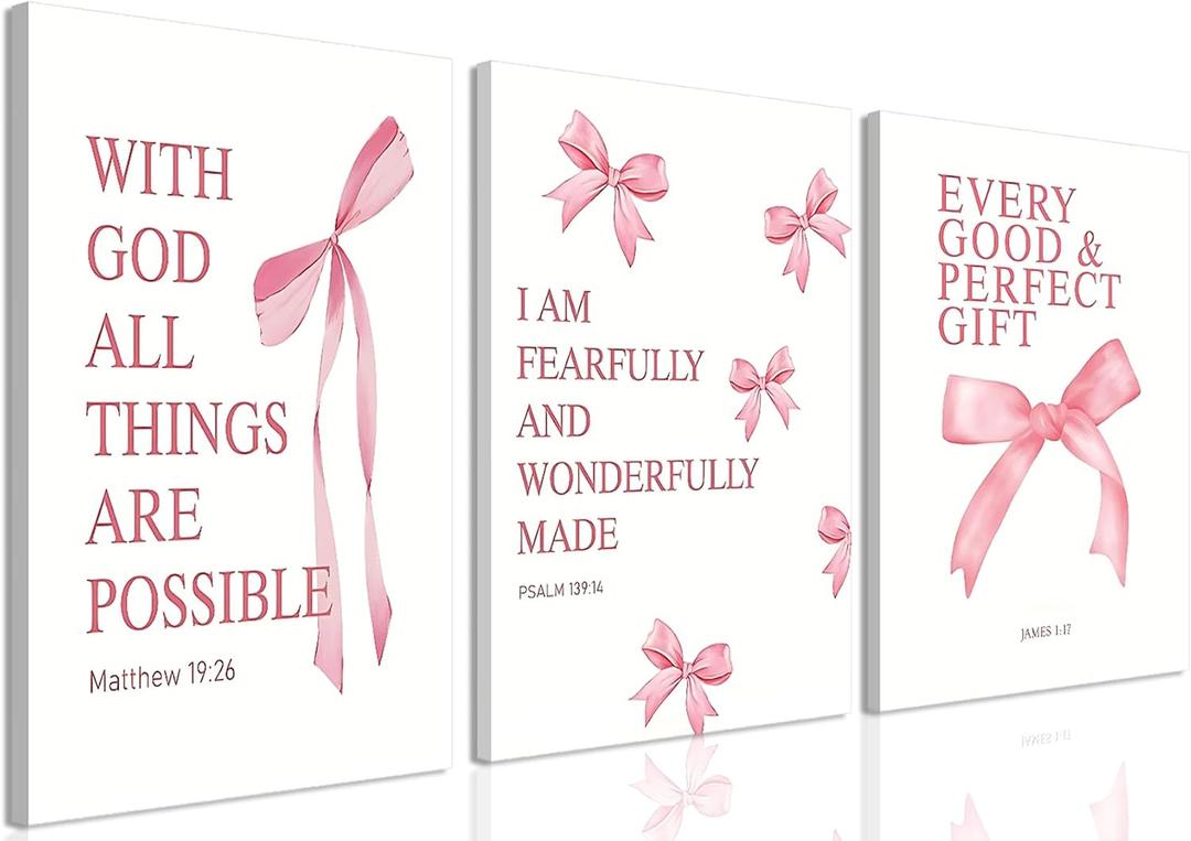 Coquette Pink Bow Canvas Wall Art Set of 3, Inspirational Bible Verses Decor Posters Pictures Prints Aesthetic for Girls Room College Apartment Living Room Bedroom Framed 24x16 Inch, 24L x 16W Wrapped Canvas