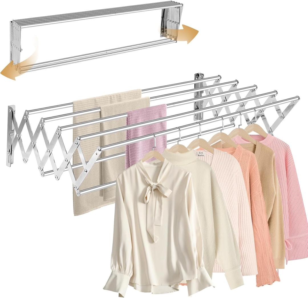 XL31.5" Wall Mounted Clothes Drying Rack, 130 LBS Large Capacity Rustproof Retractable Clothes Rack, Collapsible Drying Rack Easy to Install with 7 Drying Rods, Space Saving for LaundryWhite