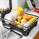 Kitsure Dish Drying Rack - Multi-Functional Dish Rack for Kitchen Counter with Cutlery Holder, Rust-Proof Storage Solution with Rotatable, 15.7" x 12.0" x 5.5", Black