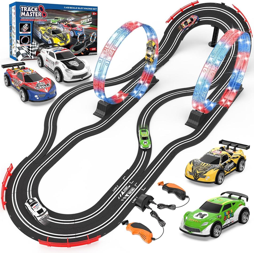 Slot Car Race Track Sets with 4 Slot Cars, 2 in 1 Electric Race Car Track Include Slope Circular Overpass Track, Dual Racing Game Featuring Flash Tracks, Gifts Toys for Boys Kids Age 6 7 8-12