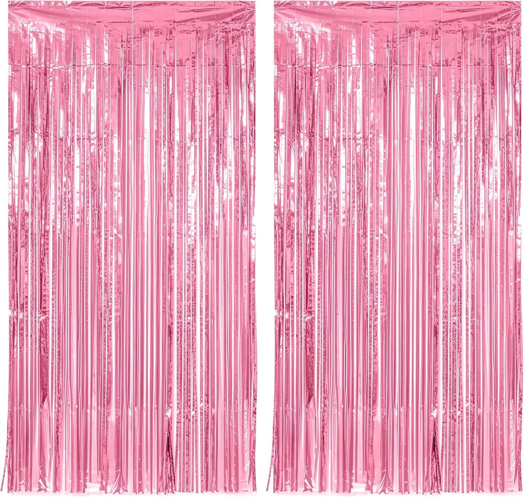 2 Pack Pink Foil Fringe Curtain, 3.28 X 6.56 Ft Party Tinsel Backdrop Birthday Decorations Photo Booth Metallic Streamer, Foil Curtain Backdrop for Valentines Wedding Baby Shower Party Decorations
