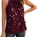 GRACE KARIN Halter Sequin Tank Tops for Women Sleeveless Sparkly Glitter Club Outfits Ruched Flowy Shiny Party Concert Shirt (Large, Wine Red)