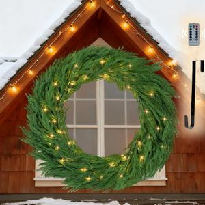 NUPTIO Large Christmas Wreath with Lights: 36 Inch Prelit Real Touch Norfolk Pine Wreaths with Hook for Outdoor Front Door - Realistic Xmas Decorations 100 LED 8-Mode with Remote Timer for Holiday