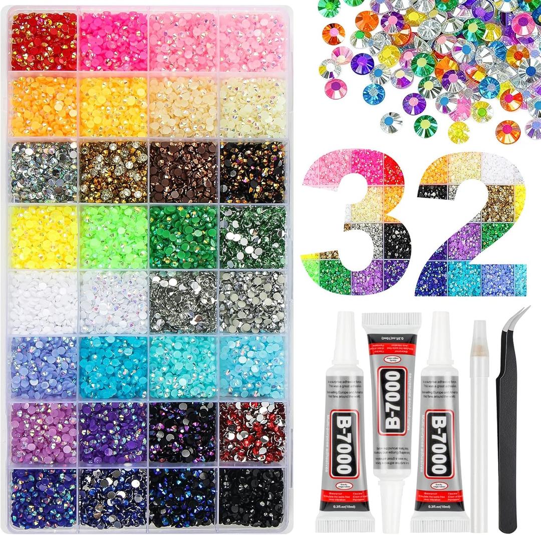 38000Pcs 32 Colors Jelly Resin Rhinestones for Bedazzling, 3mm Multicolor Flatback Gems for Crafting, Bedazzler Kit with 3Pcs B7000 Jewelry Glue for Clothes Shoes Nail Book Diamond Art