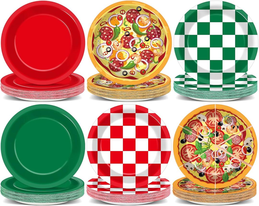 60PCS Pizza Theme Birthday Party Plates Red Green White Pizzas Checkered Disposable Paper Dessert Plates for Italian Pizza Birthday Decorations Party Tableware Set for Kids BBQ Picnic Supplies