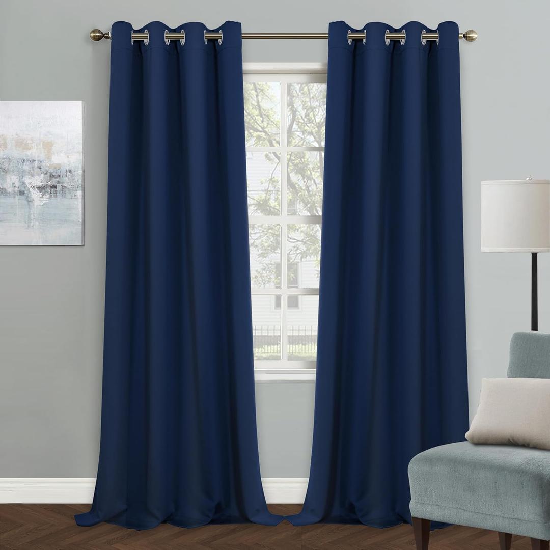MYSKY HOME Navy Blue Curtains 84 Inches Long Blackout Curtains for Living Room Bedroom Blue Curtain Grommet Window Drapes Privacy Protect Room Darkening Single Panel Curtain, 52 x 84 Inch