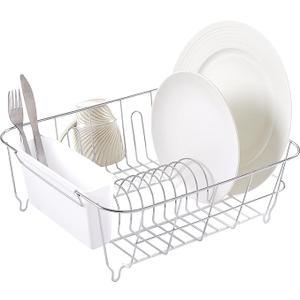 JAQ Dish Drainer in Sink Adjustable 14.96" to 20.59", Expandable 304 Stainless Steel Metal Dish Drying Rack Organizer with Stainless Steel Utensil Holder Over Inside Sink Counter