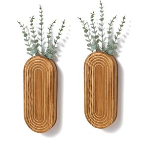 2 Pack Carved Wood Wall Planters with Fake Eucalyptus Stems for Wall Decor - Boho Wooden Wall Art for Living Room, Bedroom, Bathroom (Brown)