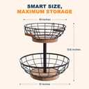 2 Tier Fruit Basket with Banana Hanger, Metal Fruit Bowl Stand with Wooden Base, Kitchen Counter Fruit Organizer for Vegetables, Bread, Snacks Storage Basket