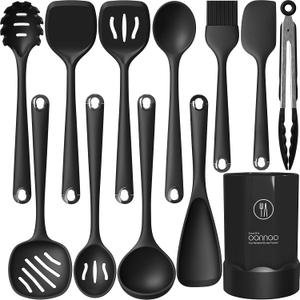 oannao Silicone Kitchen Utensils Set, 600F Heat Resistant Silicone Cooking Utensils, Spatula, Spoon, Whisk, Tongs, Kitchen Gadgets Sets for Nonstick Cookware, Dishwasher Safe BPA Free (Black), Large