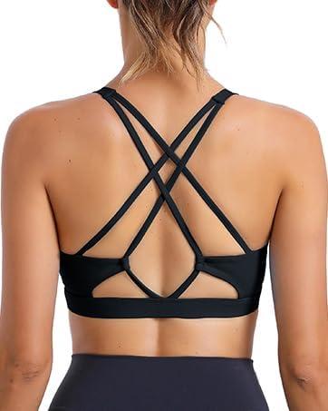 RUNNING GIRL Strappy Sports Bra for Women Sexy Crisscross Back Light Support Yoga Bra with Removable Cups (Medium, 2-jet Black)