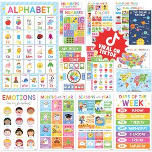 BEAWART 18 Laminated Educational Posters For Toddlers, Preschool Posters for Classroom, Kindergarten Wall Decor, PreK Learning Materials Alphabet Number Chart (Colorful)