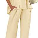 Tankaneo Womens 2 Piece Linen Sets Summer Vacation Outfits V Neck Puff Sleeve Babydoll Tops Wide Leg Pants Matching Sets