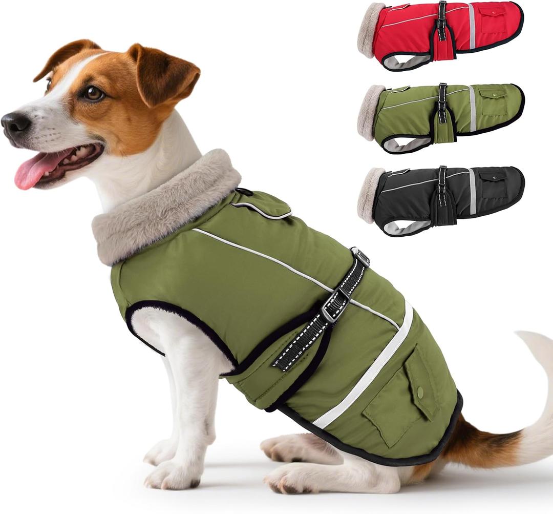 Dog Coat, Warm Dog Winter Coat Reflective Jacket Waterproof Fleece Vest, Pet Jacket Cozy for Cold Weather, Dogs Snowsuit Windproof, Adjustable Buckle for Medium Dogs (Green)