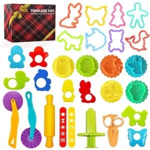 29PCS Play Dough Tools Set, Kids Clay Molds Kit with Cutters Roller, Rolling Pins, Safety Scissors and Extruder Storage Box, Non-Toxic ASTM Certified, Toys for Toddlers Boys Girls Ages 3-8 (Colorful)