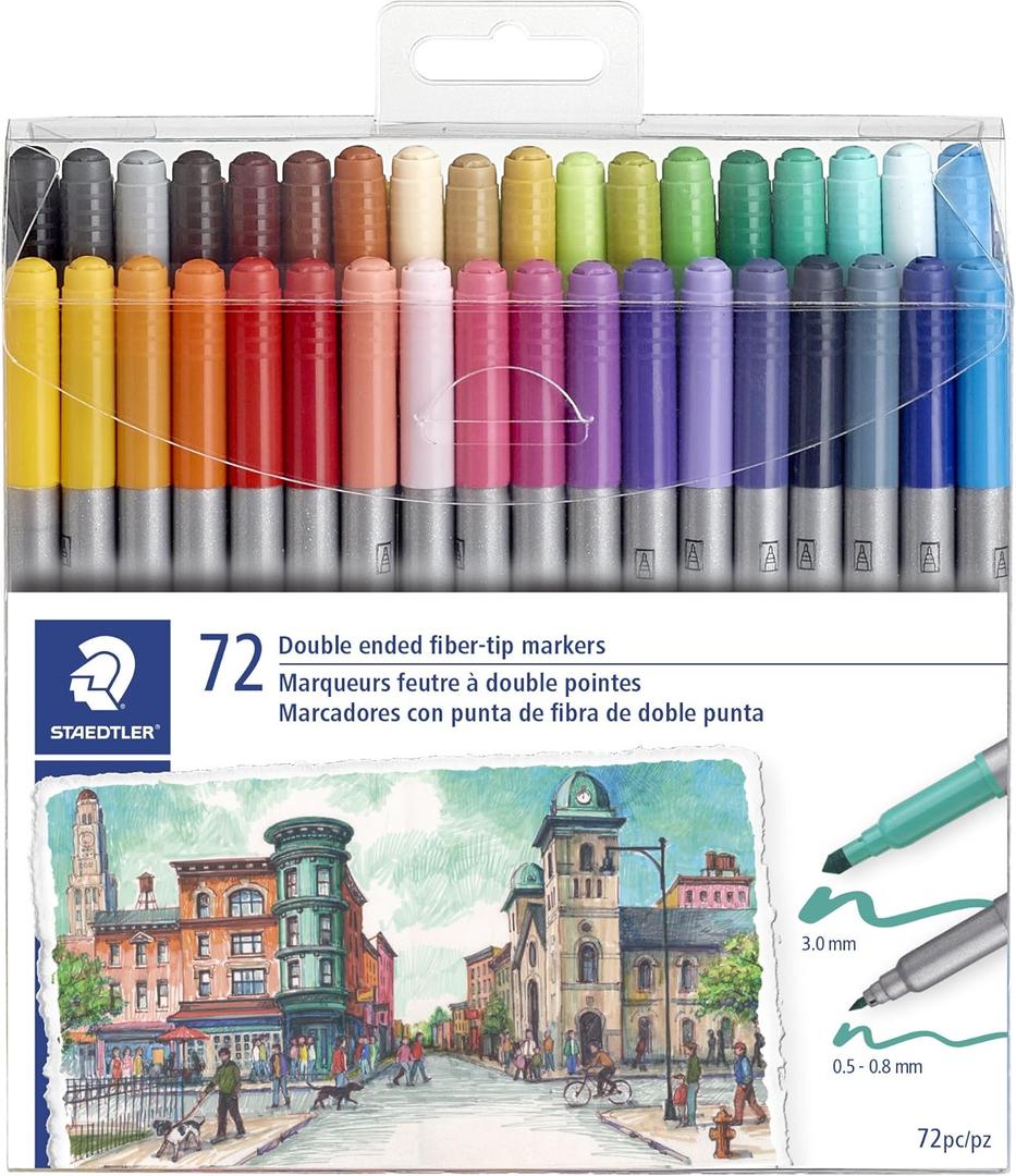 STAEDTLER double ended fiber-tip markers, for sketching, drawing, illustrations, and coloring, 72 vibrant colors, washable, 320TB72 LU (assorted)