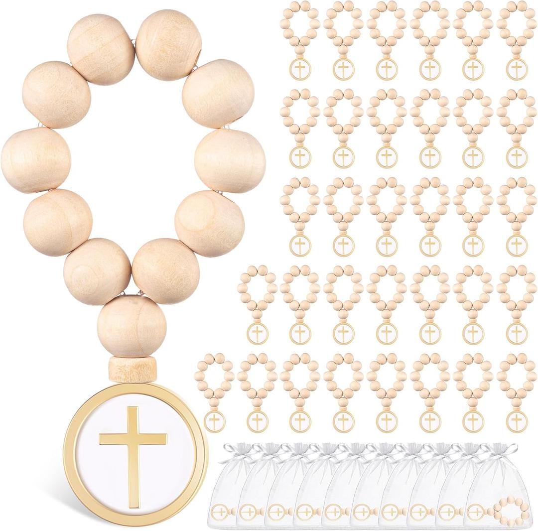 Deekin 60 Sets Wooden Rosary Bulk Wood Catholic Prayer Rosary Beads with Crucifix White Mesh Bag for Baptism First Communion Confirmation Baby Shower Bridal Shower Men Women