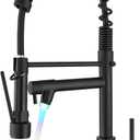 BESy 20 Inch Black Kitchen Faucet with Pull Down Sprayer, Dual Morden Commercial Rv Single Handle Single Hole Double Spout LED Spring Kitchen Sink Faucet with Pot Filler, Matte Black