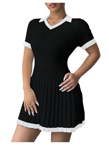 MakeMeChic Women's Contrast Binding Sweater Dress V Neck Collared Pleated Mini Dresses Black Medium