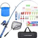 LEOFISHING Kids Fishing Pole Set with Full Starter Kits Portable Telescopic Fishing Rod and Spincast Reel with a Fishing Net and Bucket for Boys Girls and Youth, Medium