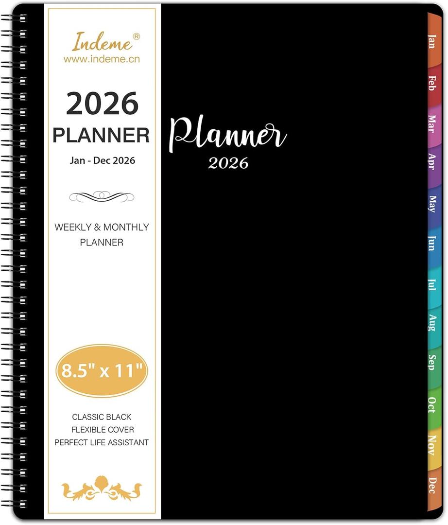 2026 Planner - Planner 2026 Weekly and Monthly, Jan. 2026 - Dec. 2026, 8.5" x 11", with Tabs, Thick Paper, Spiral Binding, Classic Black