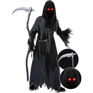 Spooktacular Creations Glowing Eyes Grim Reaper Costume for Kids, Scary Halloween Costume for Boys (Large (10-12 yr))