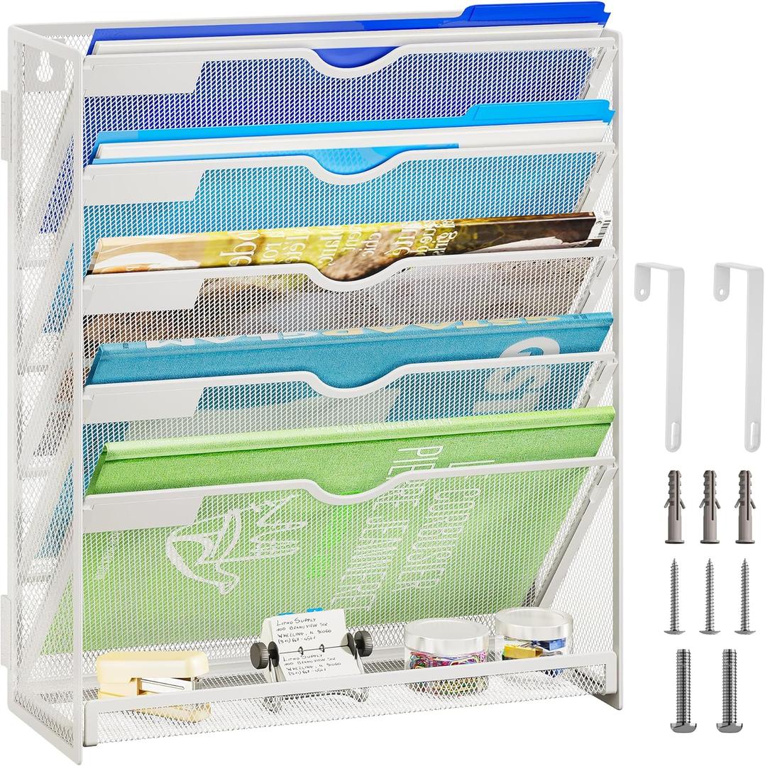 Lavatino 6-Tier Hanging File Organizer, Wall Mount File Holder for Mails Folders Papers Magazine Organization, Vertical Document Organizer for Office Home - (White)