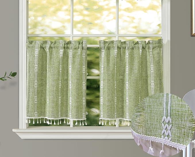 GOHD Country Road Tiers Kitchen Curtains Boho Jacquard Stripe Tassel Bathroom Window Curtain 3 Size, 100% Polyester(24in,Green)