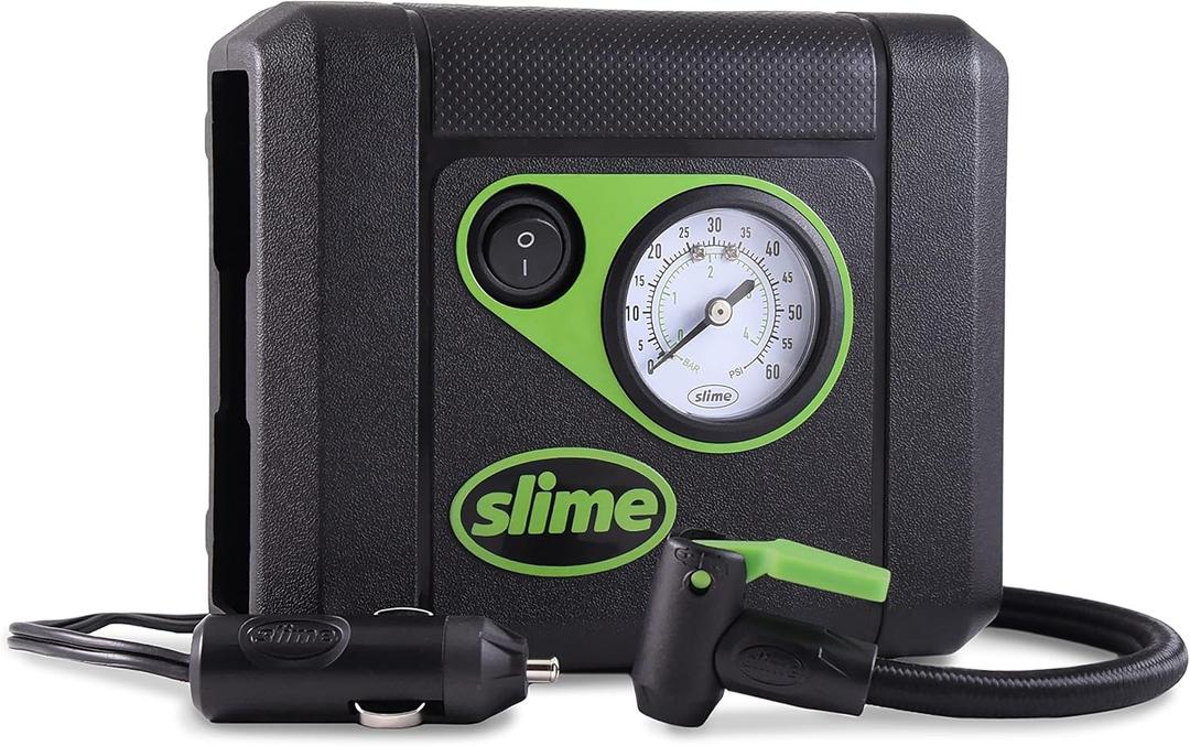 Slime 40060 Tire Inflator, Compact, Portable Car Air Compressor, Analog, Quick Connect Air Hose, Flat Tire Puncture Repair, 12V, 10 min inflation