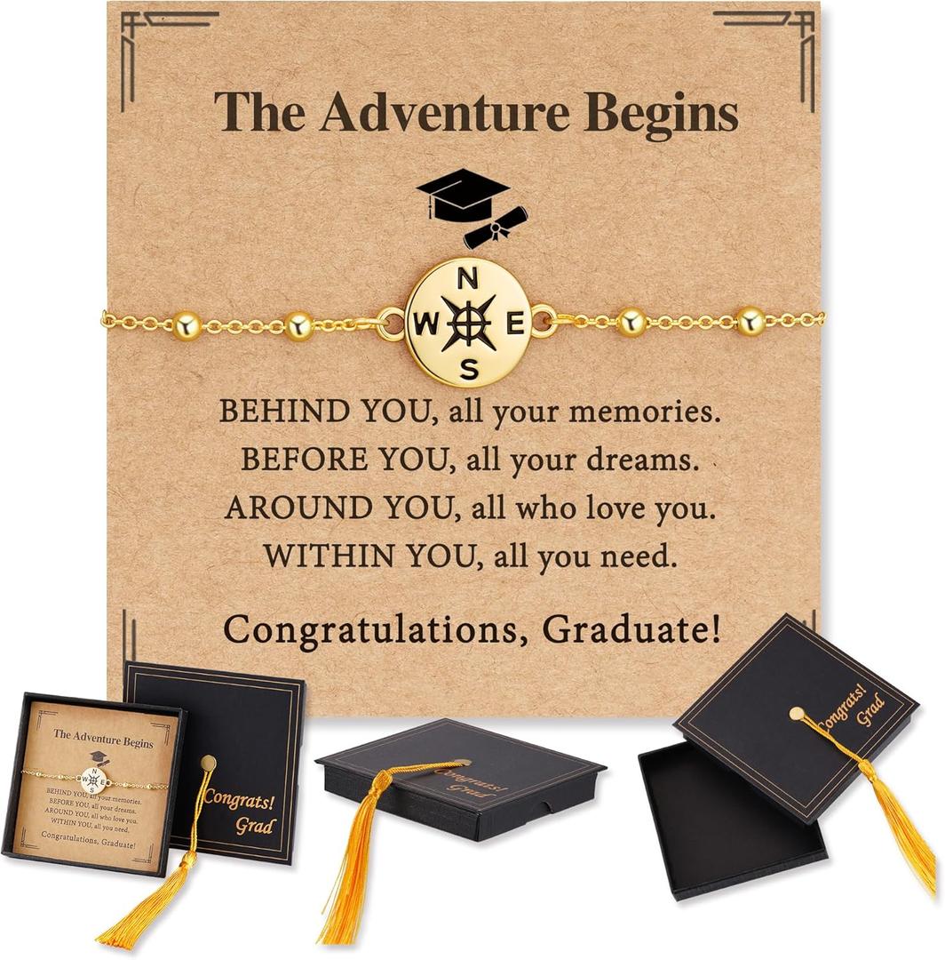 2026 Graduation Bracelet for Her-14K Gold/Silver Plated Compass Bracelet with Grad Cap Gift Box Graduation Gift for Middle High School College Graduates