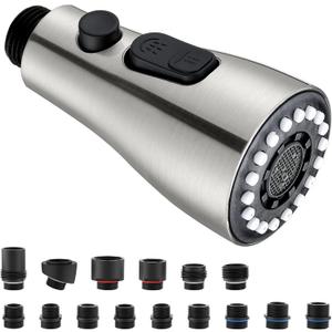 Metal Kitchen Faucet Head Replacement - Pull Down Sprayer Head for Kitchen Faucet, 3-Function Spray Nozzle with 15 Adapters, Sink Faucet Head Replacement Stainless Steel, Brushed Nickel