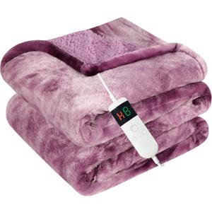 Electric Heated Blanket Throw 50''x60''Size Faux Fur Heating Blanket 10 Heating Settings, 1-8h Timer & Overheat Protection, Machine Washable, Soft Flannel and Sherpa Full Body Warmth (Purple)