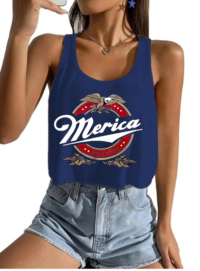 American Flag Crop Tank 4th of July Patriotic Sleeveless Tee Tops , Size Mediu